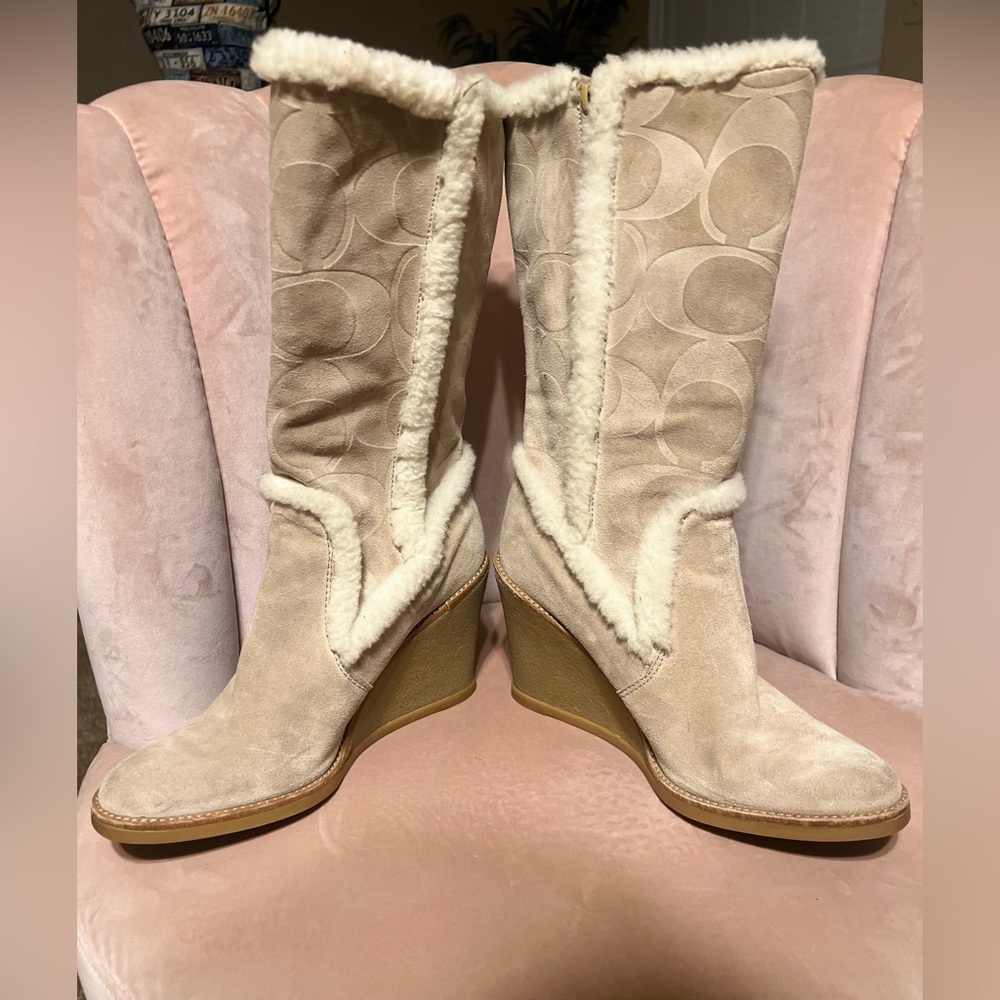 Coach Beige Heeled Boots with Shearling Trim - Picture 3 of 13